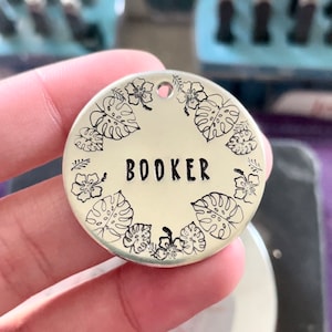 Tropical Flower Custom Hand Stamped Dog Tag, Dog Tags for Dogs, Pet Id Tag, Personalized Dog Tag, Dog Tags for Dogs Personalized