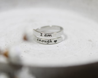 Statement Ring Edelstahl, Schmuckgeschenk, Ring gelasert, I am enough, Motivationsring