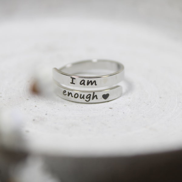 Statement Ring Edelstahl, Schmuckgeschenk, Ring gelasert, I am enough, Motivationsring