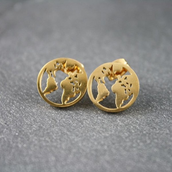 Stainless steel ear studs gold, ear studs gold, globe, world map, stainless steel jewelry, gift for girlfriend, travel love, travel, gold jewelry