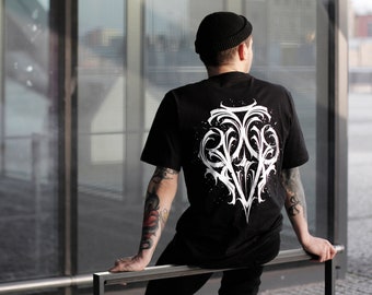 Black unisex t-shirt with white ornament, screen printed