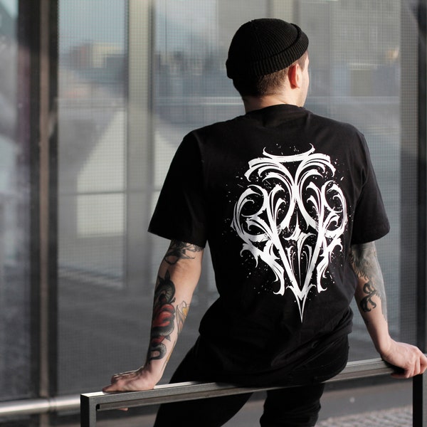 Black unisex t-shirt with white ornament, screen printed