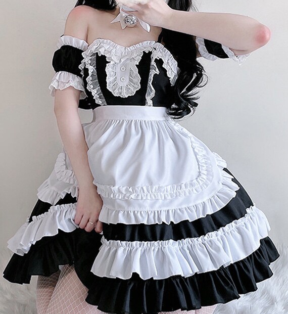 TPulling Damen French Maid Dress mit Schürze Anime Cosplay Kostüme Lolita Kleider Abendkleider japanisch Schick Kleid Anime Lolita Kleid für Mädchen Outfit