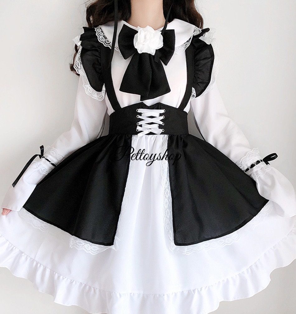 Sweet Cosplay Maid Costume Anime Women French Maid Outfit Dress Long Sleeves Lolita Dress Schoolgirl Uniform Role Play Maid Costume Gown