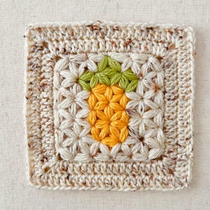 May include: A crocheted square with a yellow and green embroidered pineapple design in the centre. The square is made with a beige yarn and has a brown border.