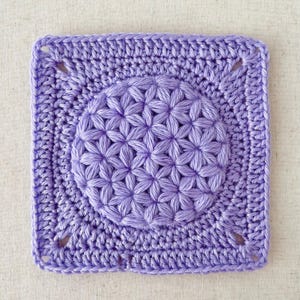 May include: A purple crochet square with a textured, star-shaped design in the center.