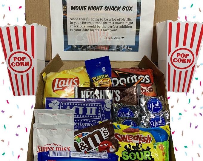 Custom Movie Night Gift Basket | Date Night Box, Family Movie Night Box Family Care Package | Popcorn Box + Movie Night Kit Gift for Friends