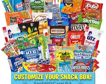 Snack Box Gift | 40+ Customizable Snack Care Package | American Snacks Gifts for Him | Snack Variety Pack w/ Customizable Card Birthday Gift