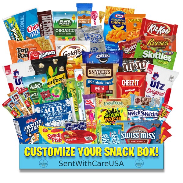 Snack Box Gift | 40+ Customizable Snack Care Package | American Snacks Gifts for Him | Snack Variety Pack w/ Customizable Card Birthday Gift