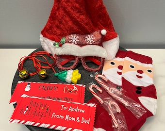 Christmas Gift Box Holiday Gift Box Holiday Party Favors Santa Hat Socks Glasses | Secret Santa Party Gift Yankee Swap Gift Stocking Stuffer