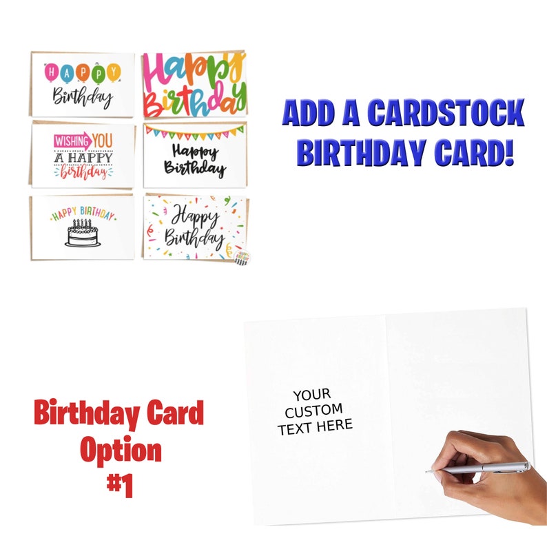 K&ouml;nnte beinhalten: Eine Auswahl an Geburtstagskarten mit verschiedenen Designs und dem Text "Happy Birthday". Die Karten werden mit dem Text "Add a cardstock birthday card!" und "Birthday Card Option #1" angezeigt. Eine offene Karte mit dem Text "Your custom text here" wird gezeigt.