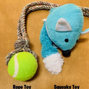 May include: A colorful rope toy with a tennis ball attached to the end, and a blue and white plush squeaky toy shaped like a fox.