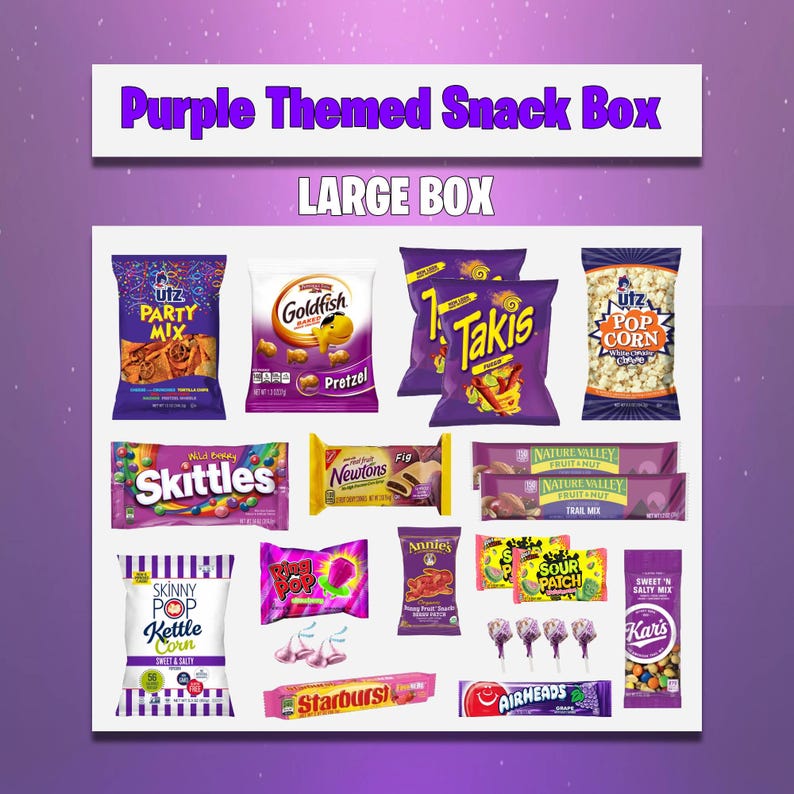 May include: A large purple-themed snack box featuring a variety of treats. Includes bags of popcorn, chips, candy, and fruit snacks. The box is labeled "Purple Themed Snack Box" and "LARGE BOX".