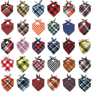 May include: Set of 24 plaid bandana dog bandanas in various colors and patterns, including red, blue, green, yellow, and black.