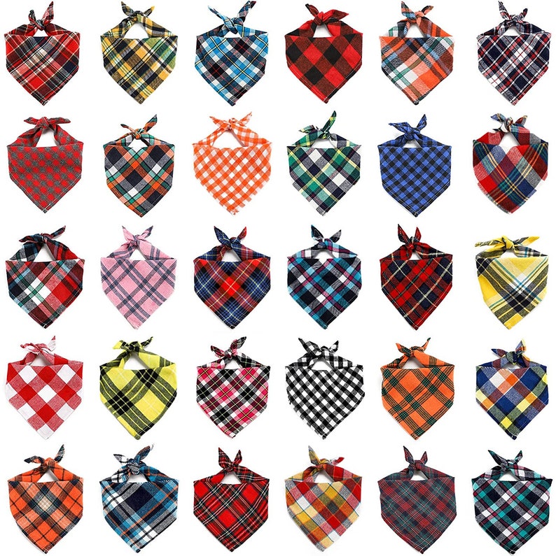 May include: Set of 24 plaid bandana dog bandanas in various colors and patterns, including red, blue, green, yellow, and black.