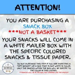 K&ouml;nnte beinhalten: Text auf wei&szlig;em Hintergrund: "ACHTUNG! SIE KAUFEN EINE SNACK-BOX ***KEINEN KORB*** IHRE SNACKS WERDEN IN EINER WEISSEN VERSANDBOX MIT DEN SPEZIFISCHEN FARBIGEN SNACKS & SEIDENPAPIER GELIEFERT."