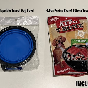 May include: A blue collapsible travel dog bowl and a bag of 4.5 oz Purina Alpo T-Bonz dog treats. The treats are made with real pork and have a big pork flavor. The bag says "Great for small dogs".