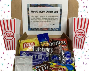 Custom Movie Night Gift Basket | Date Night Box, Family Movie Night Box Family Care Package | Popcorn Box + Movie Night Kit Gift for Friends