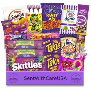 May include: A purple gift box filled with various snacks, including Goldfish crackers, Sour Patch Kids candy, Utz Party Mix, Skinny Pop popcorn, and Kar's Sweet 'n Salty Mix. Other items include Takis, Skittles, and Nature Valley Trail Mix. The box has the text "SentWithCareUSA".