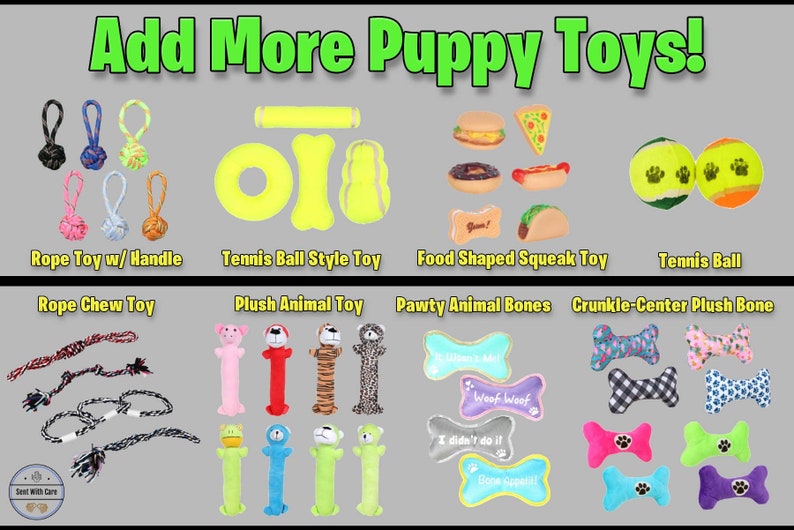 May include: Assortment of colorful puppy toys, including rope toys with handles, tennis ball style toys, food shaped squeak toys, tennis balls, plush animal toys, pawty animal bones, and crinkle-center plush bones.