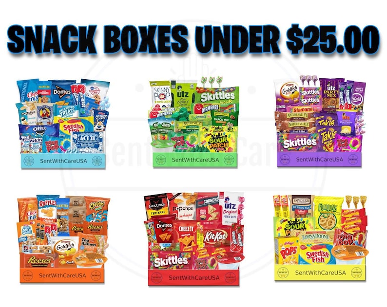 May include: Multiple snack boxes filled with various chips, candies, and treats. Each box is arranged in a display and features popular brands like Doritos, Skittles, and Reese's. The text "SNACK BOXES UNDER $25.00" is displayed at the top.