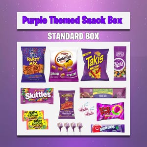 May include: A purple-themed snack box with a variety of treats, including chips, pretzels, candy, and trail mix. The box includes brands like Utz, Goldfish, Takis, Skittles, and Airheads. The text "Purple Themed Snack Box" is displayed at the top.