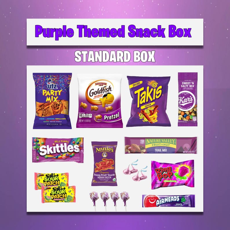 May include: A purple-themed snack box with a variety of treats, including chips, pretzels, candy, and trail mix. The box includes brands like Utz, Goldfish, Takis, Skittles, and Airheads. The text "Purple Themed Snack Box" is displayed at the top.