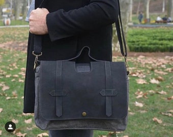 Waxed Leather Satchel School Bag | Waxed Canvas Messenger Bag | Leather Laptop Bag | Cotton Shoulder Bag | Fashion Canvas Laptop Bag