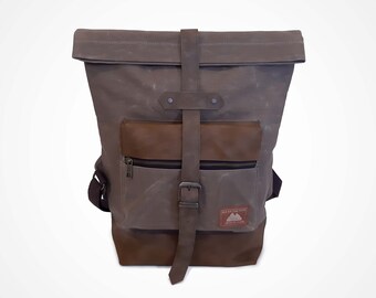 Roll Up Down Backpack UK | Recycled Rucksack | Wax Canvas Bag | Canvas Rucksack | Waxed Canvas Vintage Reclaimed Leather Backpack