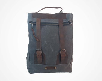 Wax Canvas Backpack, Waxed Canvas Vintage Reclaimed Leather Backpack, Recycled Leather, Canvas Rucksack, Wax Canvas natural Bag Grey