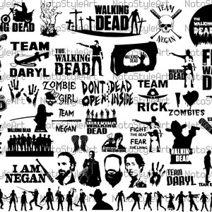 May include: Black and white graphic designs featuring characters and text from the popular television show "The Walking Dead". The designs include phrases like "Team Rick", "Team Daryl", "Fear the Walking Dead", and "I Love Zombies".