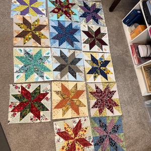 Puede incluir: Una colección de catorce bloques de edredón cuadrados con patrones de estrellas de ocho puntas en varios colores y estampados de tela, incluyendo diseños florales, geométricos y sólidos, dispuestos en una cuadrícula sobre una superficie de alfombra.