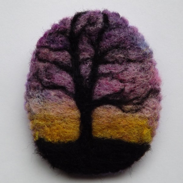 Needle felted sunset tree brooch