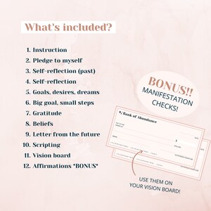 May include: A light pink graphic with the text "What's included?" and a list of 12 items, including instruction, self-reflection, and affirmations. Bonus manifestation checks are also included.