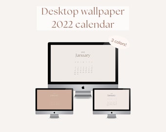 May include: Three computer monitors displaying a 2022 calendar desktop wallpaper in three different colors. The text "Desktop wallpaper 2022 calendar" is at the top of the image. The word "January" is displayed on the calendar.