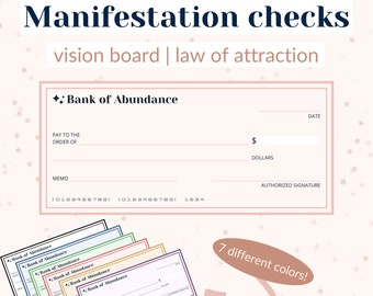 May include: Image of manifestation checks with the text "Manifestation checks vision board | law of attraction." The checks are labeled "Bank of Abundance" and come in seven different colors. The checks have spaces for the date, amount, and signature.