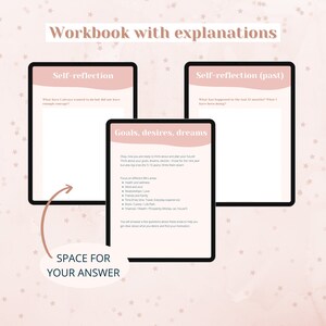 May include: A digital workbook with explanations, featuring prompts for self-reflection and goal setting. The workbook includes sections on goals, desires, and dreams, with space for answers. The background is a soft pink with star accents.
