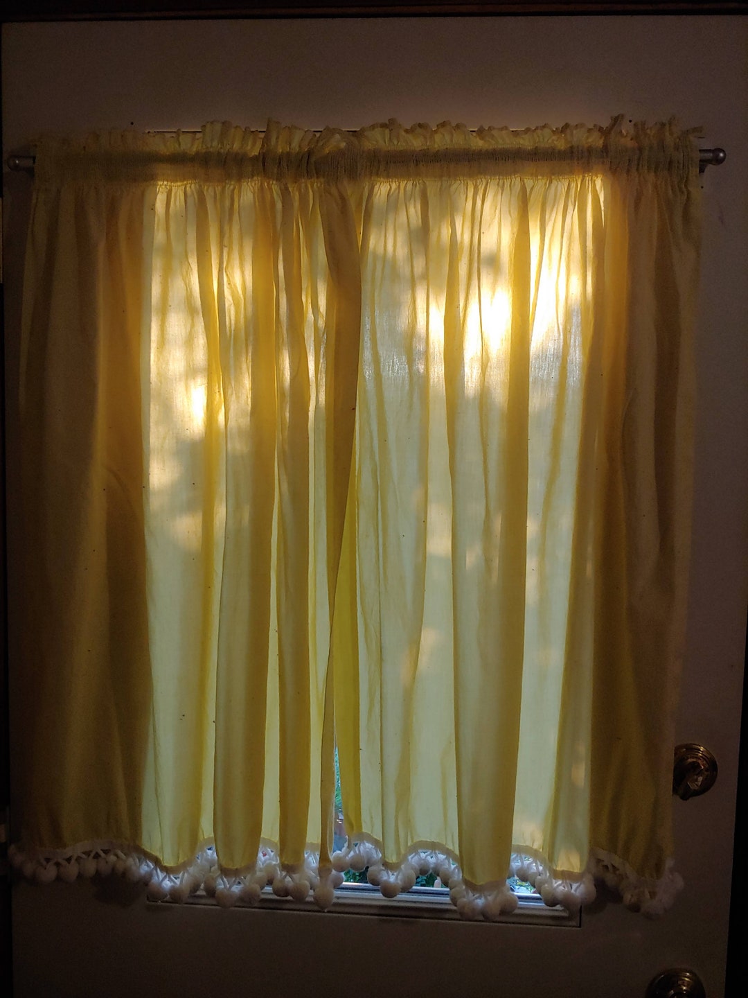 Vintage Yellow Cotton Curtains With White Pom Pom Fringe and Etsy