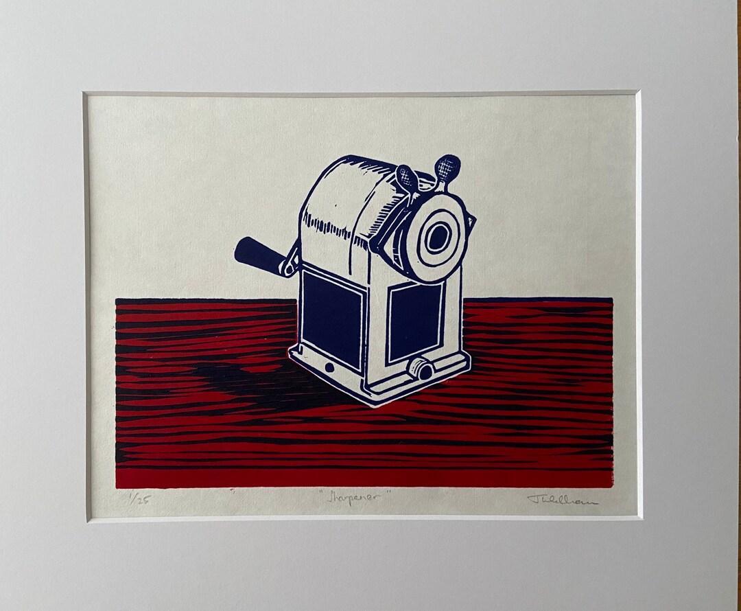 Linocut Print of Desk Sharpener Two Block Blue on Red Etsy