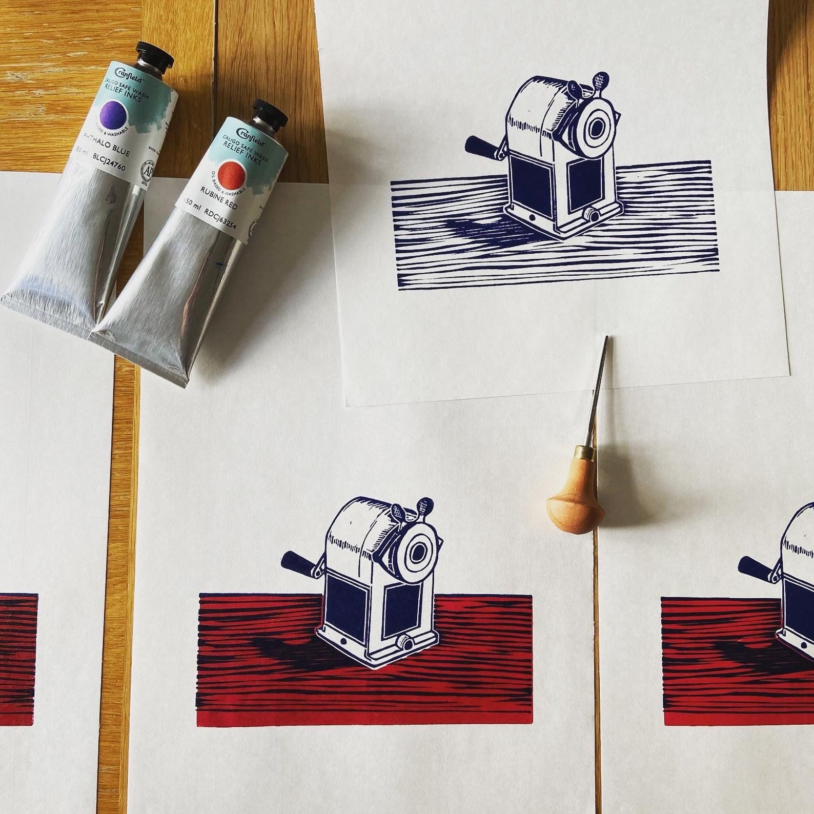 Linocut Print of Desk Sharpener Two Block, Green on Yellow Etsy