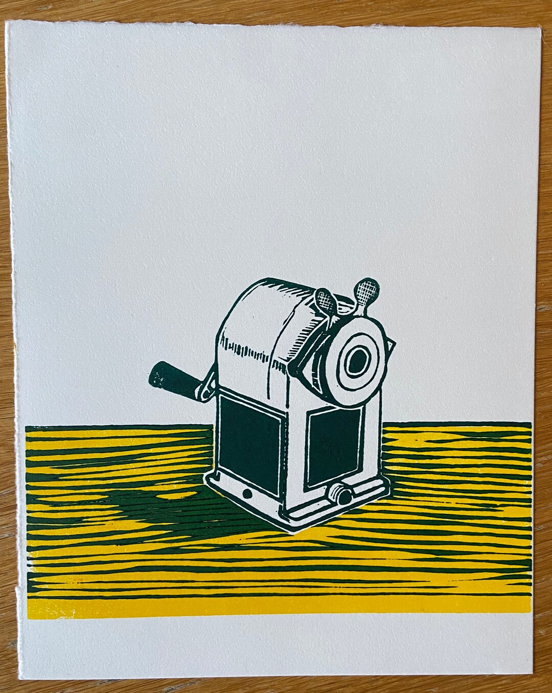 Linocut Print of Desk Sharpener Two Block, Green on Yellow Etsy