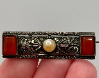 Vintage German Art Deco Theodor Fahrner 935 Sterling Silver Carnelian Marcasite Brooch Germany