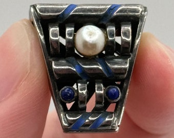 Vintage German Art Deco Theodor Fahrner 935 Sterling Silve Blue Enamel & Lapis Dress Clip