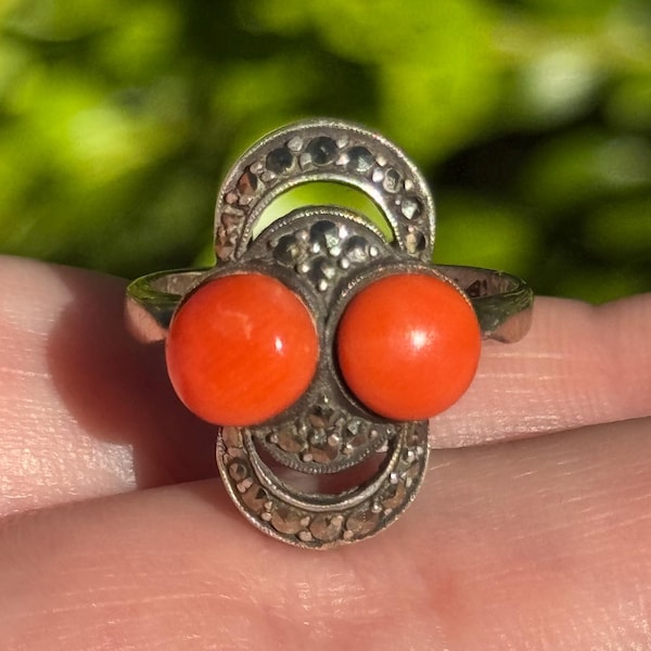 Vintage German Art Deco Theodor Fahrner 935 Sterling Silver Marcasite Coral Ring