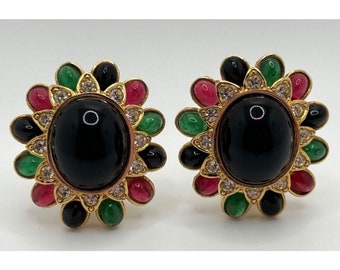 Vintage Ciner Jewels of India Multi Color Moghul Glass Clip On Earrings Signed