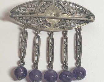 Broche Art Nouveau En Argent 800 Avec Améthyste - Gustav Hauber - Vintage - Occasion