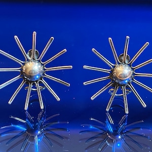 Vintage Modernist Gustav Hauber 835 Silver Sunburst Starburst Clip On Earrings Germany