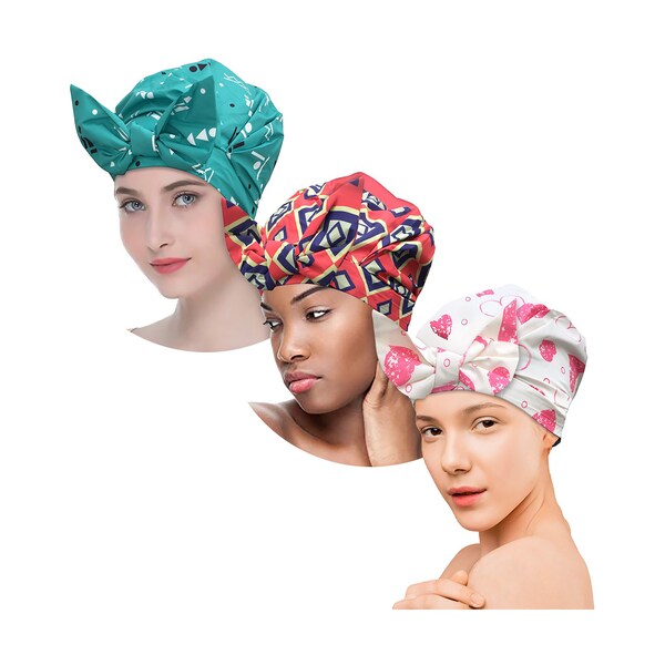 Luxury Shower Cap for Women - Waterproof, Fashionable, Reusable Shower Cap Along With Dual Fitting Mechanism (Elastic Band Plus Velcro Tab)