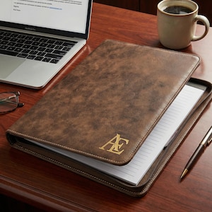 May include: Brown leather portfolio with a gold "AE" monogram, open to reveal lined paper. A laptop, eyeglasses, a pen, and a mug of coffee are on a wooden desk. The portfolio has a zipper closure.