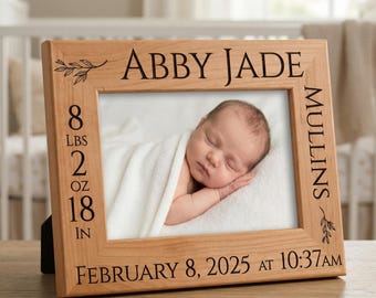 Personalized Baby Birth Stats Photo Frame, Laser Engraved Red Alder Wood
